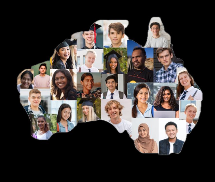 Collage of diverse students over the silhouette of Australia.